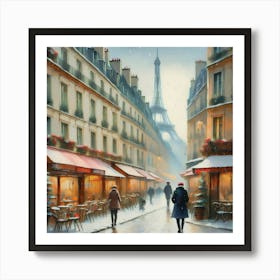 Paris cafes, winter season, Christmas, pale colors, pedestrians in the street, winter clothes, falling snow.16 Art Print