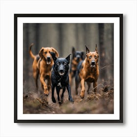 Dogs Running In The Woods Art Print