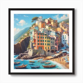 A Slice of Paradise: A Realistic Painting of a Beach Scene with Colorful Houses, Boats, and Umbrellas Art Print