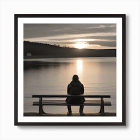 Woman Sitting On Bench At Sunset Art Print