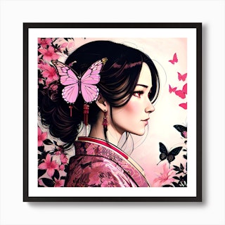 Chinese Butterfly Art Print 8 X 10 Asian Woman With Butterflies Whimsical  Eastern 