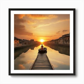 Chinese Woman In A Boat At Sunrise Art Print