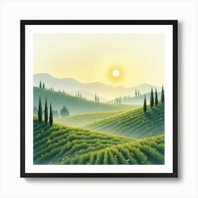 Serene Watercolor Of A Tuscan Countryside At Dawn, With Misty Hills And Vineyards 1 Art Print