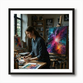 Young Woman Paints In Her Studio Art Print