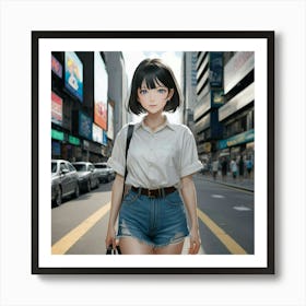 Anime Girl In Denim Shorts 1 Art Print