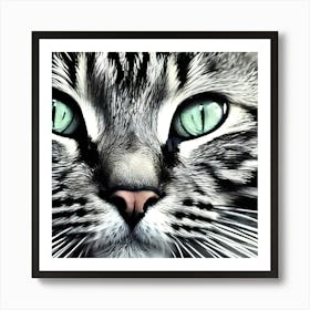 CAT WITH GREEN EYES IN BLACK AND WHITE PRINT Art Print