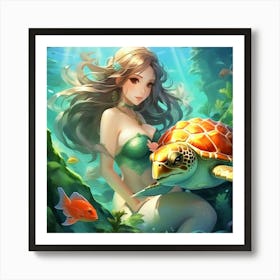 Mermaid and turtle Art Print