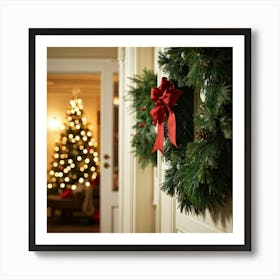 Christmas Wreaths Adorn A Shelf Positioned On One Side Of A Door Opposite A Lush Christmas Tree Ex Art Print