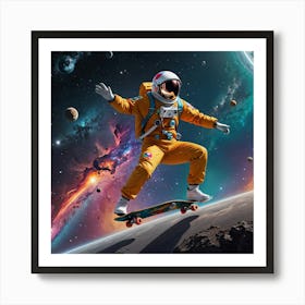 Astronaut Skateboarding In Space Art Print