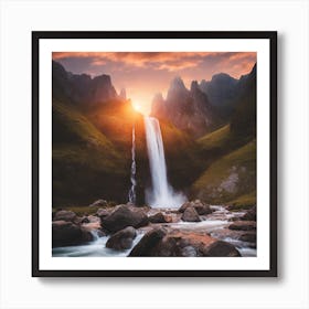 Waterfall At Sunset Art Print