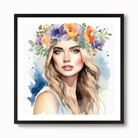 woman portrait with flowers head crown 6 Poster