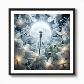 Dragonfly In White Flowers 1 Art Print