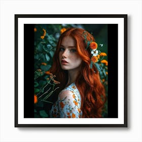 Red Haired Girl In Flowers Art Print