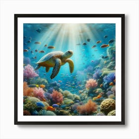 Turtle Swims In The Ocean Art Print