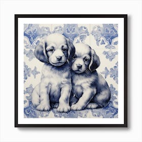 Puppies Dog Delft Tile Illustration 2 Art Print