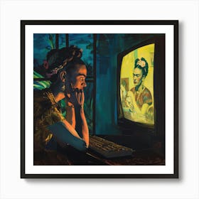 Digital Frida Series. Frida Kahlo at Her Computer at Night 1 Art Print