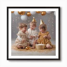 0 Children Celebrate New Year With The New Baby Art Print