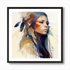 Watercolor Floral Indian Native Woman #13 Art Print