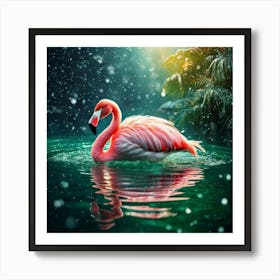 Firefly Green, Soft, Plush, Flamingo, Swimming, Transparent, Glass Lake, Sunlight, Snow, Falling, Re (2) Art Print