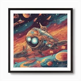 A Retro Style Cosmic Marvels Blasting Space, With Colorful Exhaust Flames And Stars In The Backgroun (1) Art Print