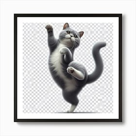 A gray and white cat with its left paw in the air and its right paw on the ground, with its tail sticking straight up in the air as it seems to be dancing Art Print