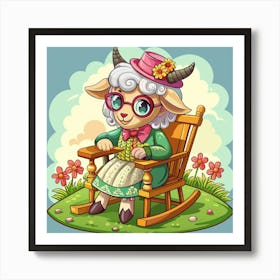 Sheep In A Hat And Glasses Sitting In A Rocking Chair Art Print