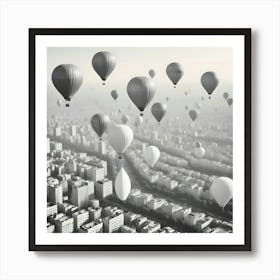 A Black And White Aerial View Of A City With Numerous Hot Air Balloons Floating Over The Buildings Art Print