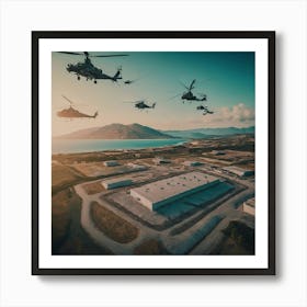 Military Helicopters Flying Over The Sea Art Print