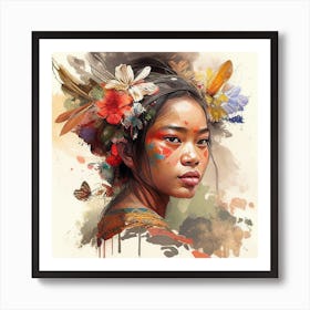 Watercolor Floral Indonesian Native Woman #3 Art Print