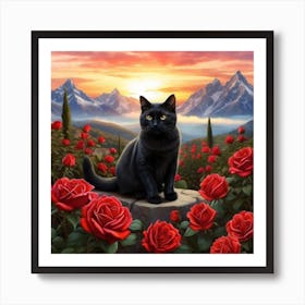 Black Cat With Roses 2 Art Print