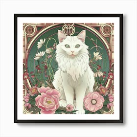 White Cat With Flowers 2 Art Print