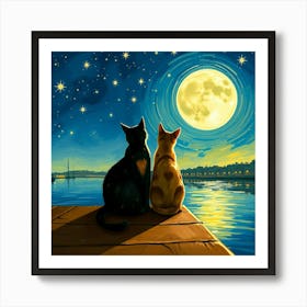 Two Cats Watching The Moon Art Print