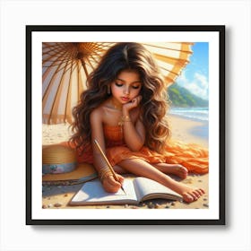 Little Girl Writing On The Beach Art Print