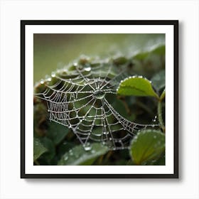 Macro shot of a spider web covered in morning dew, intricate Art Print