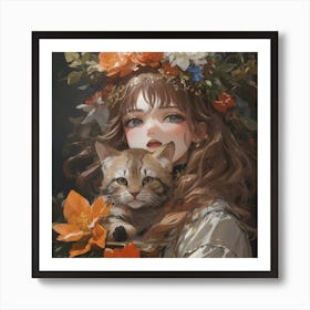 Kawaii Girl With Cat Art Print
