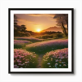 Sunset In A Flower Field Art Print