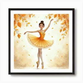 Graceful Ballerina Surrounded By Watercolor Golden Leaves 1 Art Print