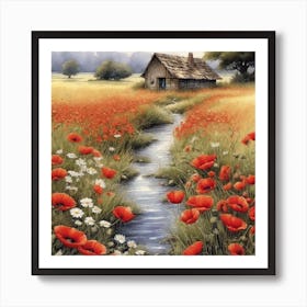 Beautiful Field Of Poppies With Tiny Little Daisies A Small Stream And An Abandoned Hut In The Dist (1) Art Print