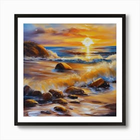 The sea. Beach waves. Beach sand and rocks. Sunset over the sea. Oil on canvas artwork.41 Art Print