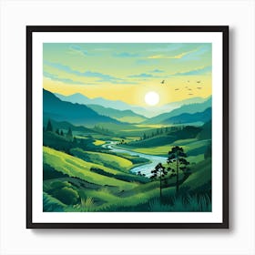 Landscape With Mountains And River Art Print