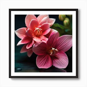 Pink Flowers On A Black Background Art Print