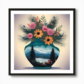 Flower Vase Decorated With Landscape With Pines, Blue, Green And Orange Art Print