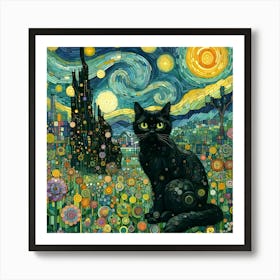 Black Cat At Starry Night Art Print