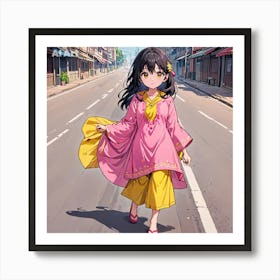 A girl wearing pink kurti and yellow dupatta walking on road. Art Print