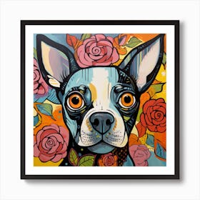 Boston Terrier With Roses Art Print