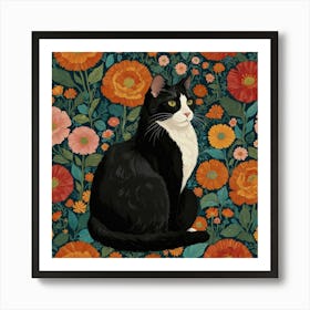 Black And White Cat In Flowers 1 Art Print