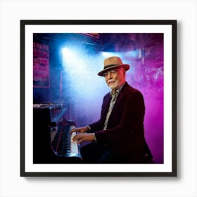 Elderly Male Pianist With Neon Burgundy Beige And Cream Hues Playing Soulfully In A Smoky Dimly L Art Print