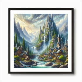 Fantasy Inspired Acrylic Painting Of A Whimsical Village Nestled Among Towering Mountains And Cascading Waterfalls, Style Fantasy Art 1 Art Print