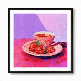 Colorful Tea and Strawberry Still Life in Bold Pink and Purple Tones Textured Impasto Painting Modern Expressionist Vibrant Trendy Vintage Decor Art Print