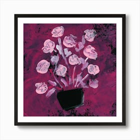 Pink Flowers On Magenta - floral square red contemporary modern Art Print
